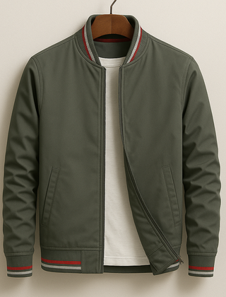 Men's dark green bomber jacket with zip front, ribbed collar, striped hem and cuffs