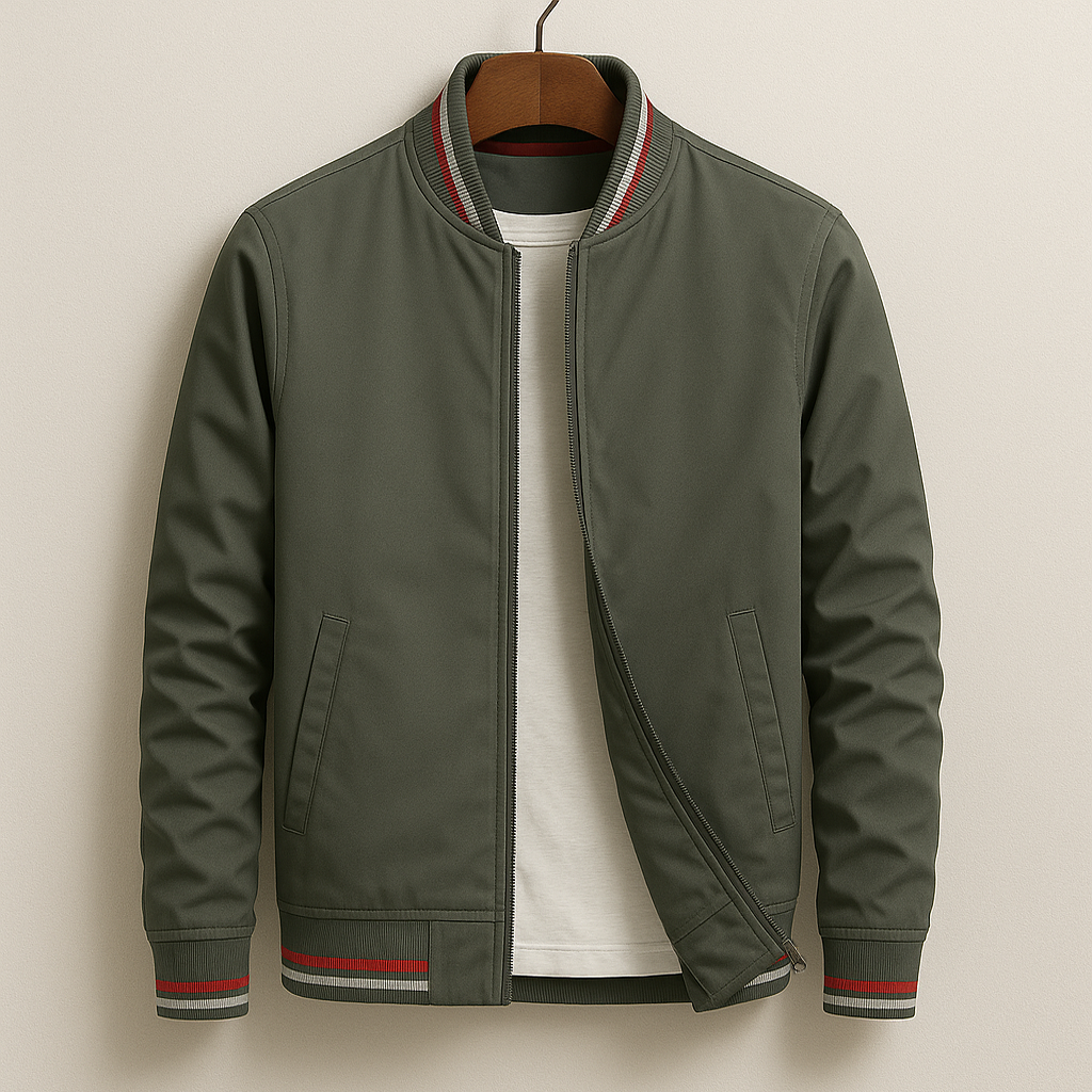 Men's dark green bomber jacket with zip front, ribbed collar, striped hem and cuffs