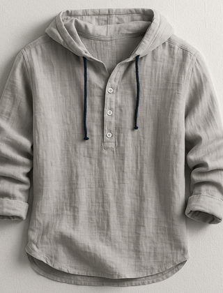 Grey hoodie shirt with hood drawstrings and button henley placket, 3/4 sleeves.