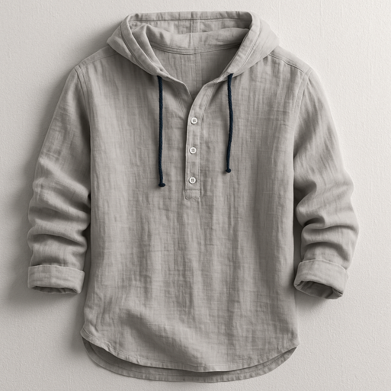 Grey hoodie shirt with hood drawstrings and button henley placket, 3/4 sleeves.