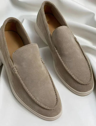 Khaki suede loafer slip-on with moc stitching and white rubber sole