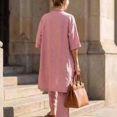 3-piece dusty pink set with back view of long tunic over wide-leg pants.