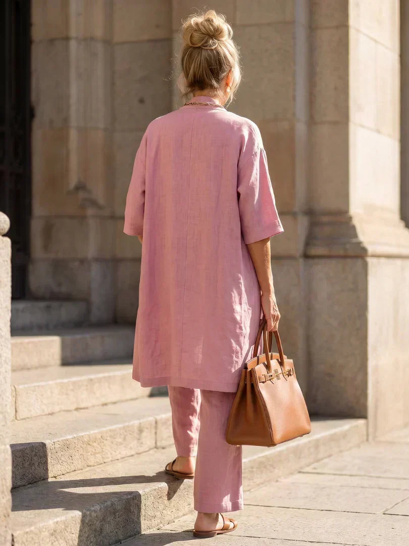 3-piece dusty pink set with back view of long tunic over wide-leg pants.