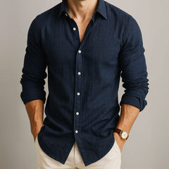 Men's navy linen button-up shirt with long sleeves and collar