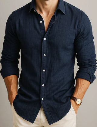 Men's navy linen button-up shirt with long sleeves and collar