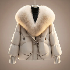 White puffer coat with cream faux-fur collar trim and zip front