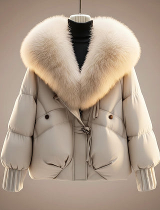 White puffer coat with cream faux-fur collar trim and zip front