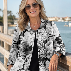 Floral peony-print blouse with open front and 3/4 sleeves, black-and-white