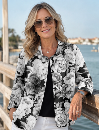 Floral peony-print blouse with open front and 3/4 sleeves, black-and-white