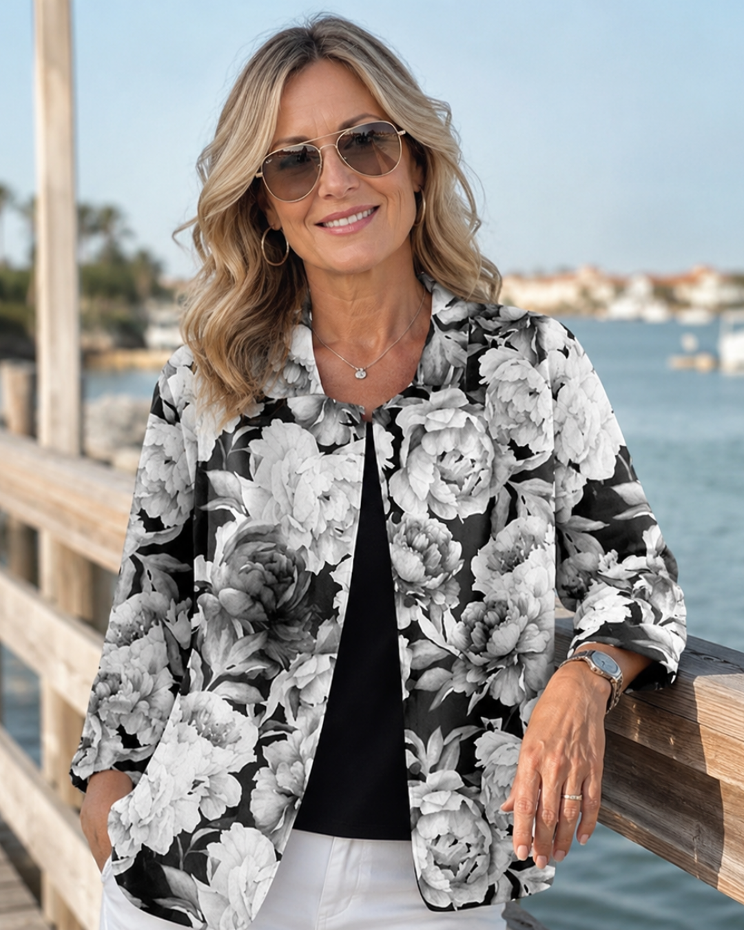 Floral peony-print blouse with open front and 3/4 sleeves, black-and-white