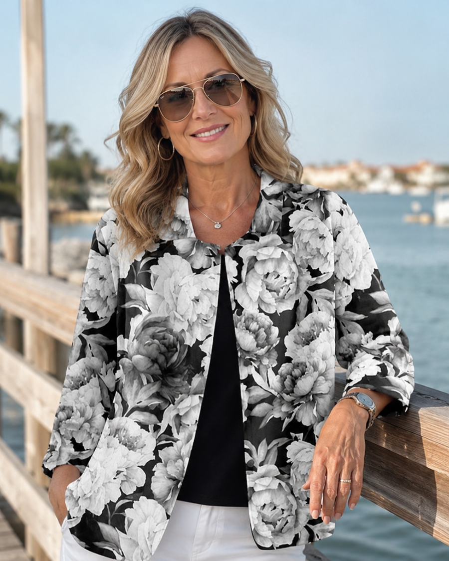 Floral peony-print blouse with open front and 3/4 sleeves, black-and-white