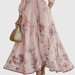 Pink floral pleated maxi dress with V-neck, long sleeves and ruched waist