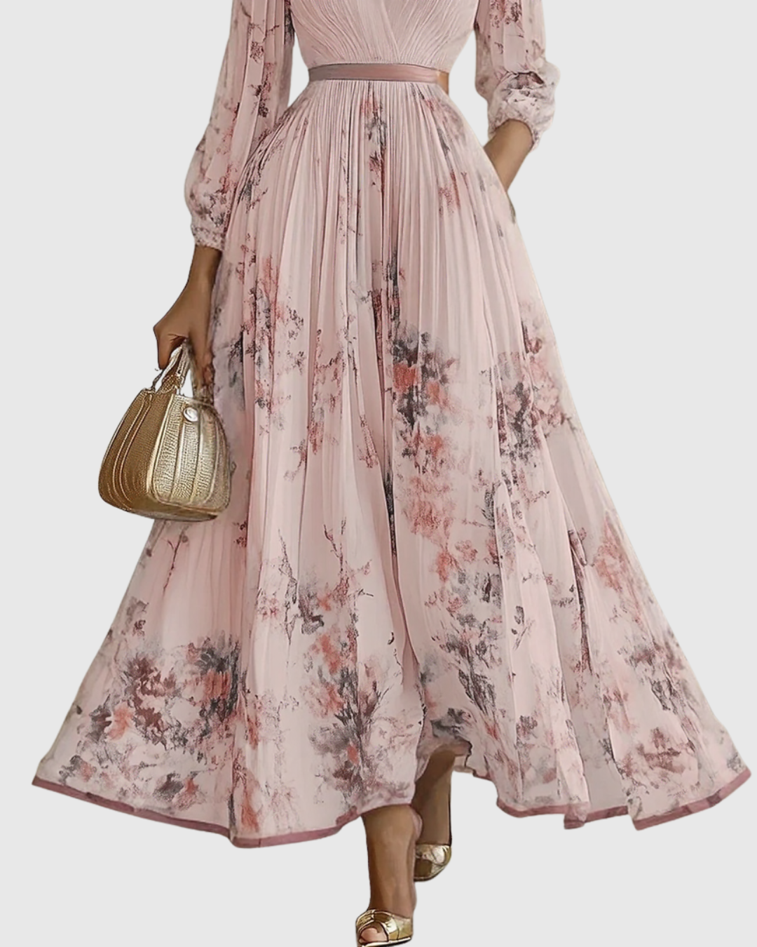 Pink floral pleated maxi dress with V-neck, long sleeves and ruched waist