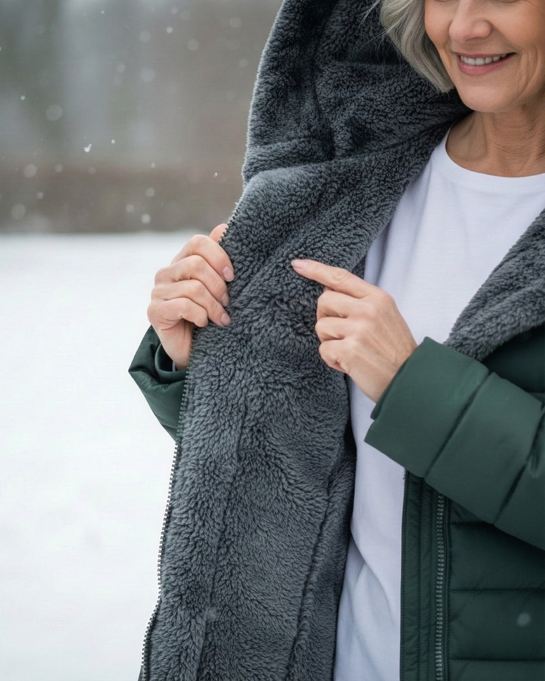Grey fleece lining inside a hooded puffer coat, shown in a close-up