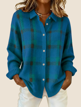Teal-blue plaid button-up cardigan with front buttons and long sleeves