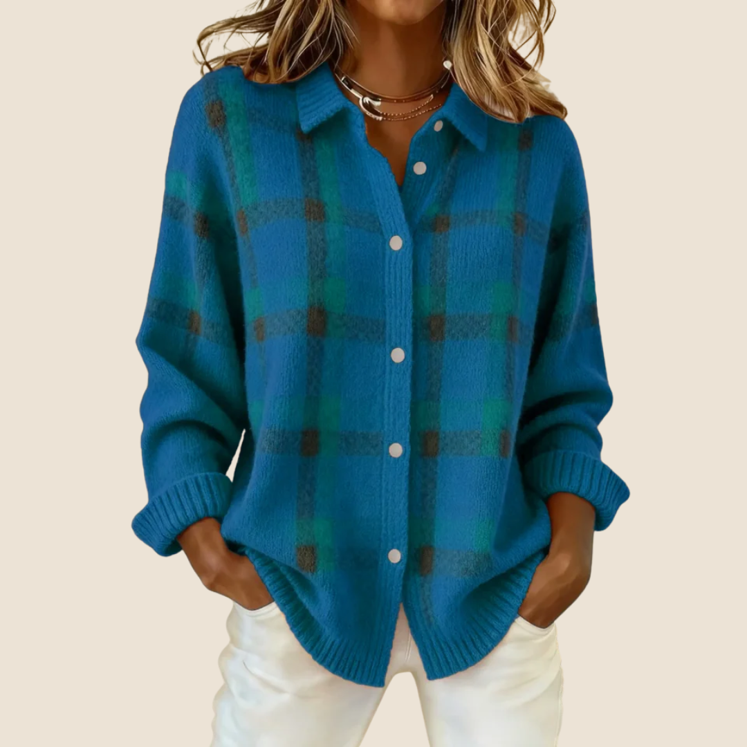 Teal-blue plaid button-up cardigan with front buttons and long sleeves