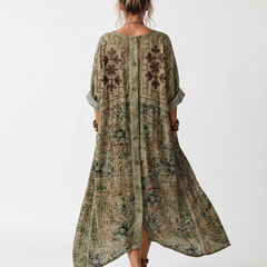 Green button-front embroidered midi dress, back view with buttons and V-neck
