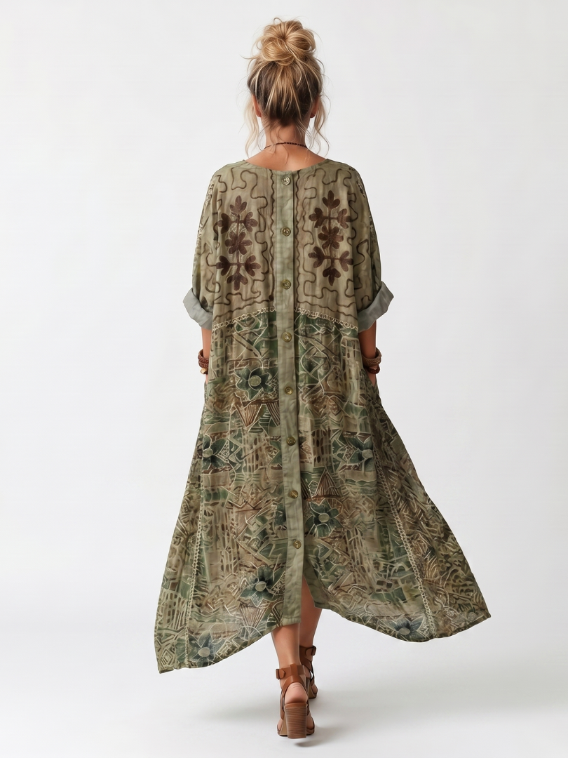 Green button-front embroidered midi dress, back view with buttons and V-neck