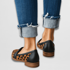 Two-tone suede loafers, black back with leopard toe and brown sole