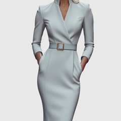 Refined midi dress in light blue with V-neck wrap styling and waist belt