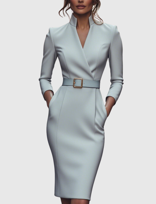 Refined midi dress in light blue with V-neck wrap styling and waist belt