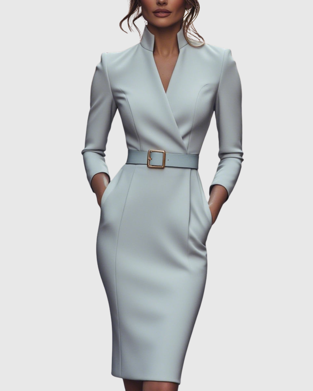 Refined midi dress in light blue with V-neck wrap styling and waist belt