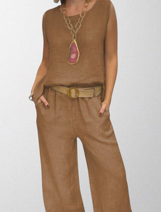 Brown boho two-piece set: sleeveless top and wide-leg pants with tan belt