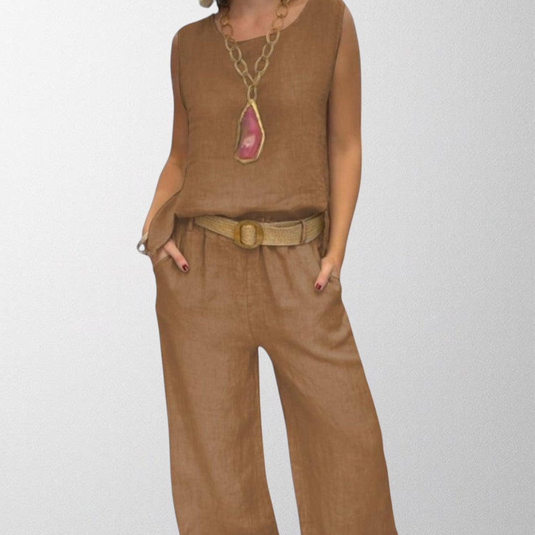 Brown boho two-piece set: sleeveless top and wide-leg pants with tan belt