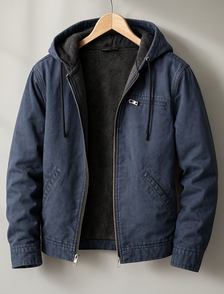 Navy hooded lined jacket with zip front, drawstring hood, and flap pockets