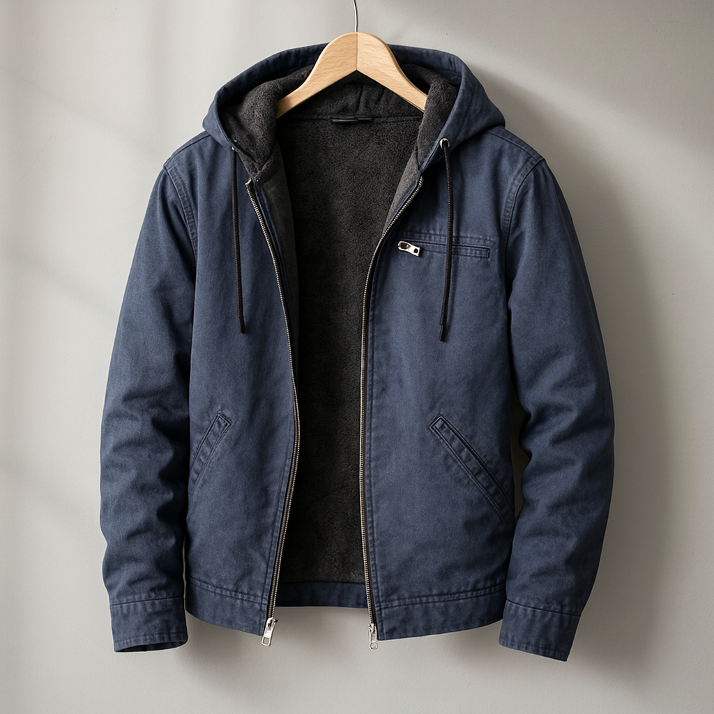 Navy hooded lined jacket with zip front, drawstring hood, and flap pockets