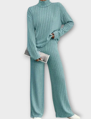 Teal ribbed knit two-piece set with turtleneck top and wide-leg pants