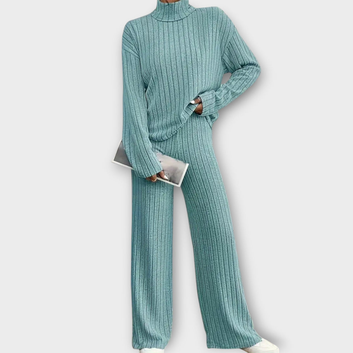 Teal ribbed knit two-piece set with turtleneck top and wide-leg pants