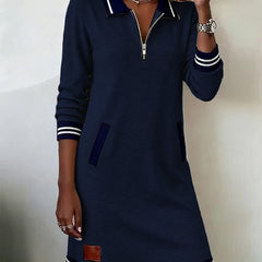 Navy long-sleeve casual dress with half-zip collar, navy stripe cuffs and hem