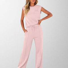 Blush pink sleeveless lounge co-ord set with pocket top and drawstring wide-leg pants