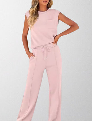Blush pink sleeveless lounge co-ord set with pocket top and drawstring wide-leg pants