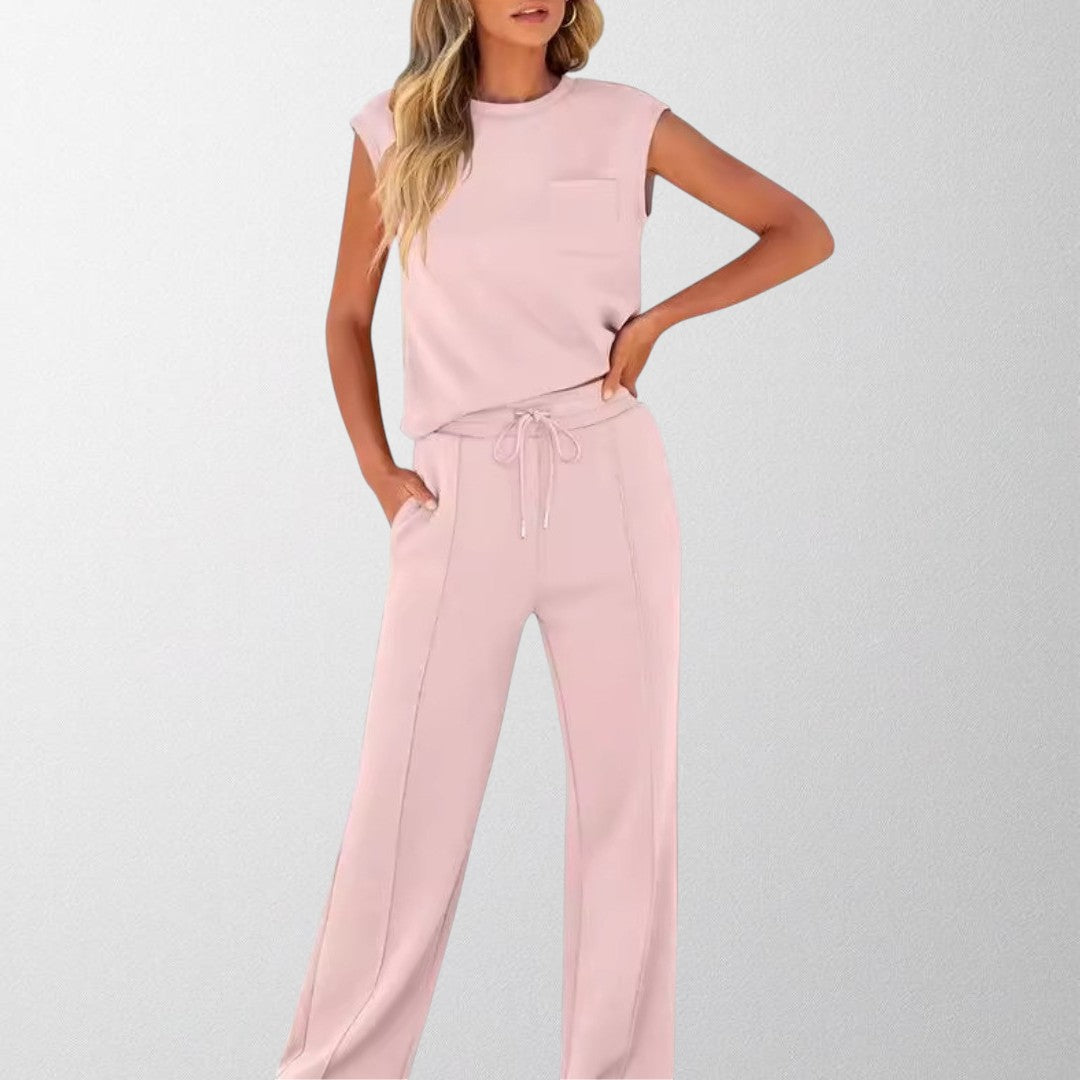 Blush pink sleeveless lounge co-ord set with pocket top and drawstring wide-leg pants