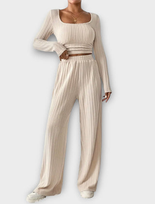 Beige ribbed long-sleeve crop top and high-waist wide-leg pants two-piece set