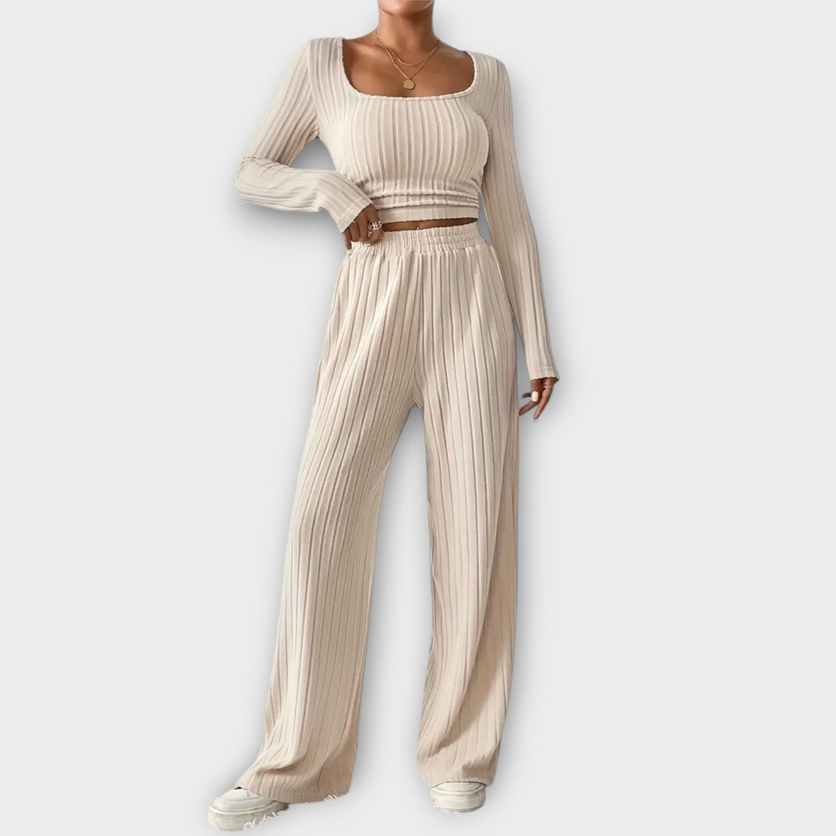 Beige ribbed long-sleeve crop top and high-waist wide-leg pants two-piece set