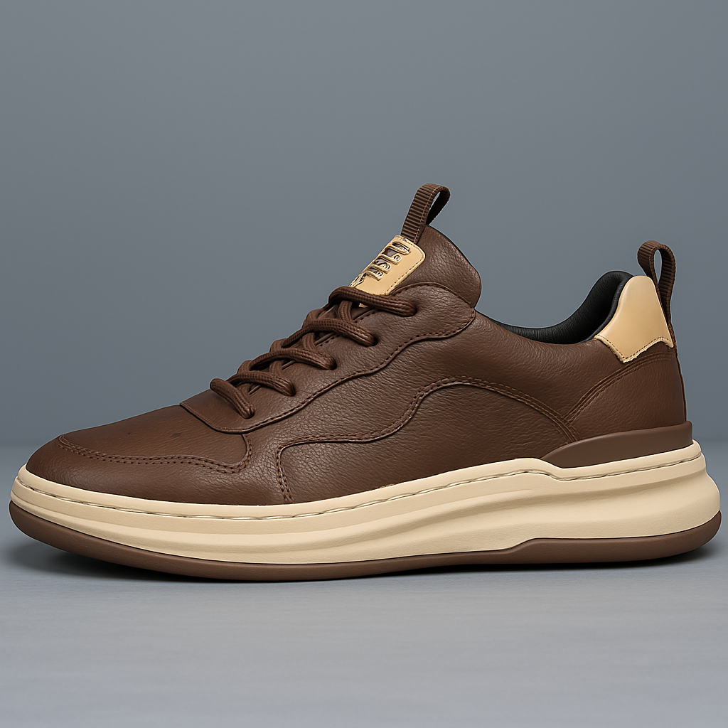Brown leather low-top sneaker with lace-up front, cream sole, and beige tongue tag