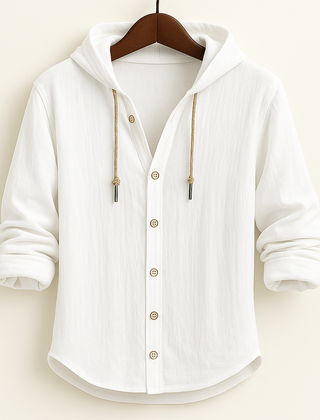 White hooded shirt jacket with front button placket and drawstring hood ties