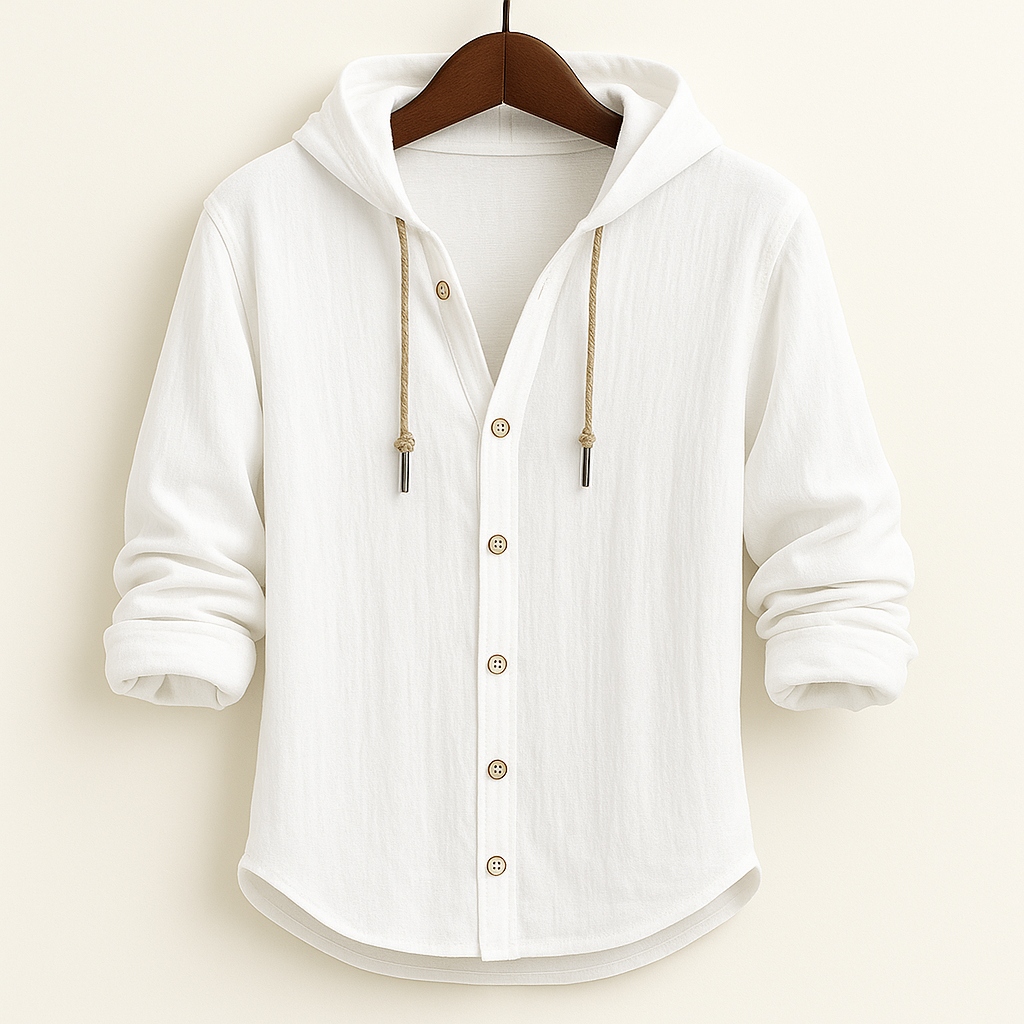 White hooded shirt jacket with front button placket and drawstring hood ties