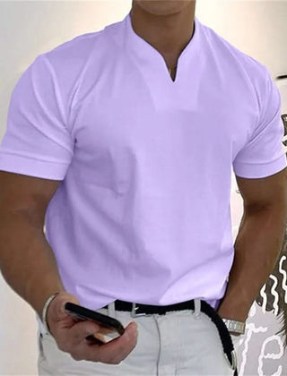 Men's short-sleeve V-neck fitness tee in lavender, with front button placket