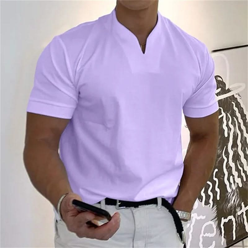 Men's short-sleeve V-neck fitness tee in lavender, with front button placket