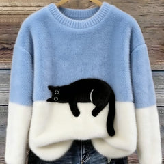 Light blue and white cat print sweatshirt with long sleeves and crew neck