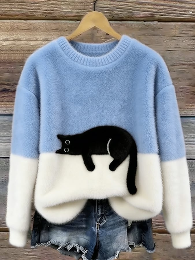 Light blue and white cat print sweatshirt with long sleeves and crew neck