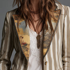 Khaki striped blazer front with ornate inner-style trim and gold-tone button