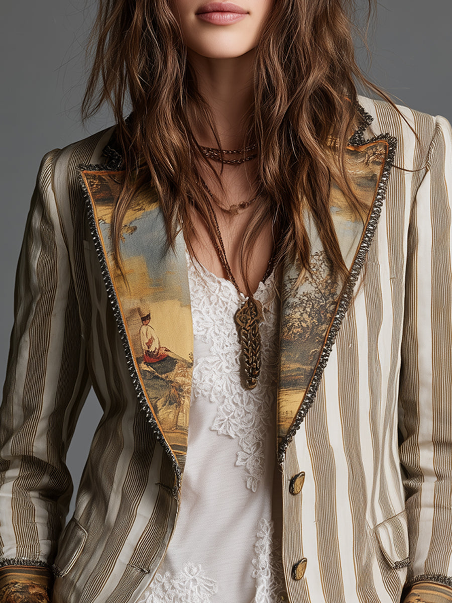 Khaki striped blazer front with ornate inner-style trim and gold-tone button