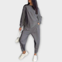 Grey casual two-piece set with crewneck sweatshirt and jogger pants