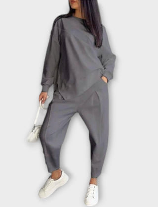 Grey casual two-piece set with crewneck sweatshirt and jogger pants