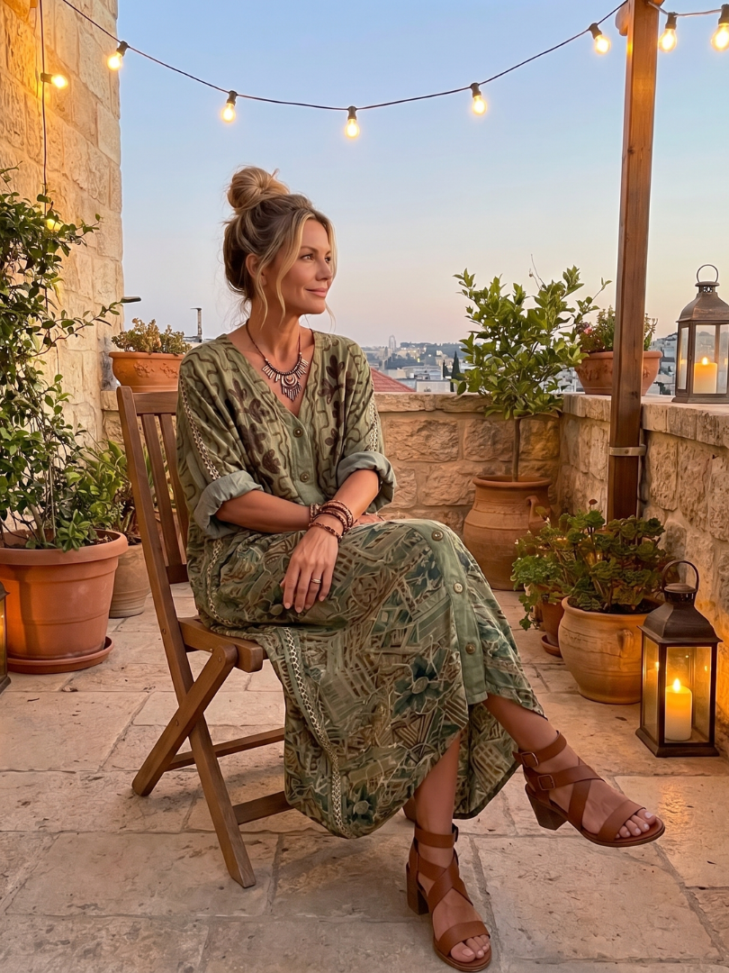 Green embroidered oversized pocket midi dress with button front and short sleeves
